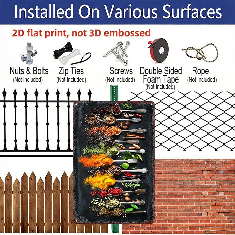 2D Flat Vintage Spice Art Metal Wall Decor - Perfect for Rustic Kitchens, Bars, Cafes, and Home Decoration, Featuring Labeled Spice Jars and Cooking