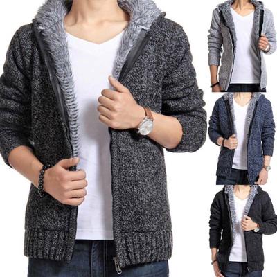 Pánský fleecový pletený svetr podšitý zimní teplý svetr s kapucí svetr s kapucí