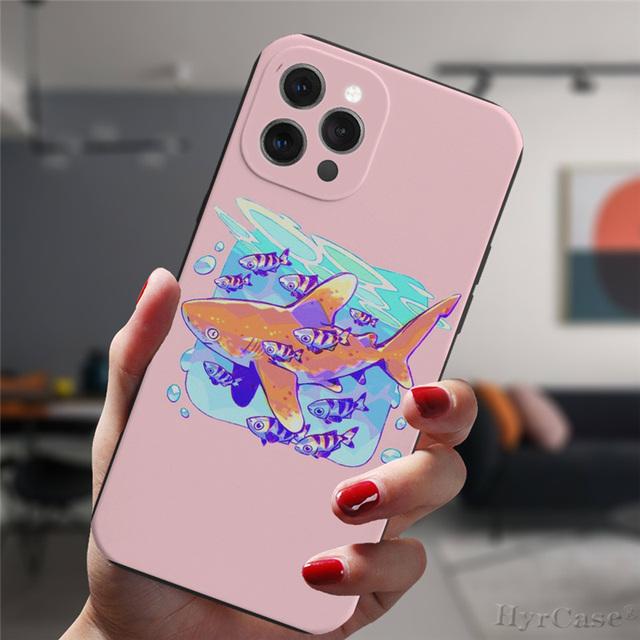 For Iphone 13 11 12 14 Pro Max X Xs Xr Mini 6s 7 8 Plus Xsmax Black Case Cosmic Whale Shark Animal Art Silicone Protective Cover