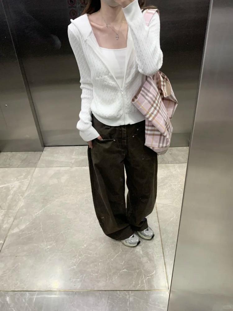 Korean Style Elegant Solid Knitted Cardigan Women 2025 Autumn New Sweet Hooded Zip-up Sweater Jacket Harajuku Casual Y2k Tops