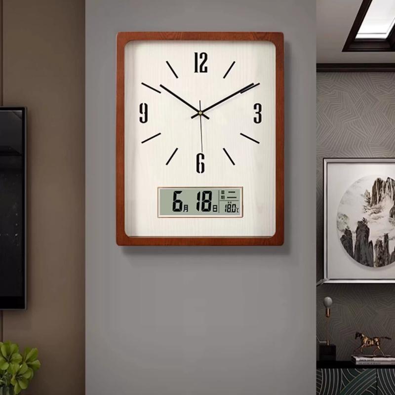 Wall Clock New Chinese Solid Wood Living Room Rectangular Home Bedroom Simple Atmosphere Silent Wall Clock Home Decor