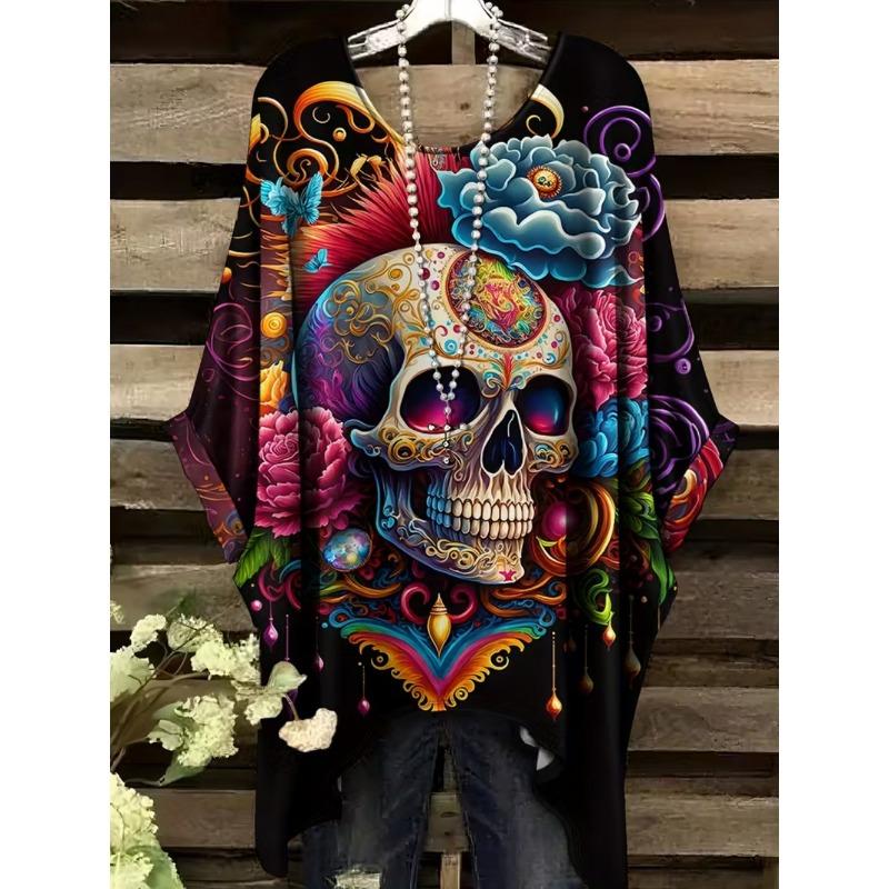 Damen T-Shirt Gothic Stil Bohemian Totenkopf Druck Locker Unregelmäßiger Saum Rundhalsausschnitt Kurzarm Shirt Oversize Y2k Sommerkleidung