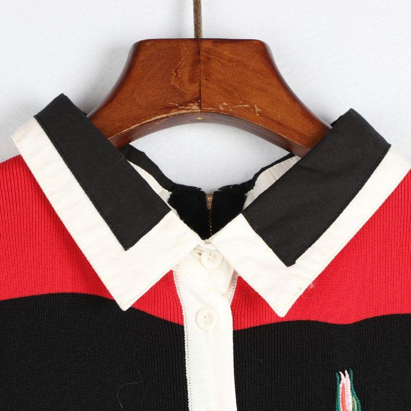 Sunshine House Summer New Arrival K-style Women's Lapel Color Matching Short Sleeve Zipper Knitting Dress A- line Skirt