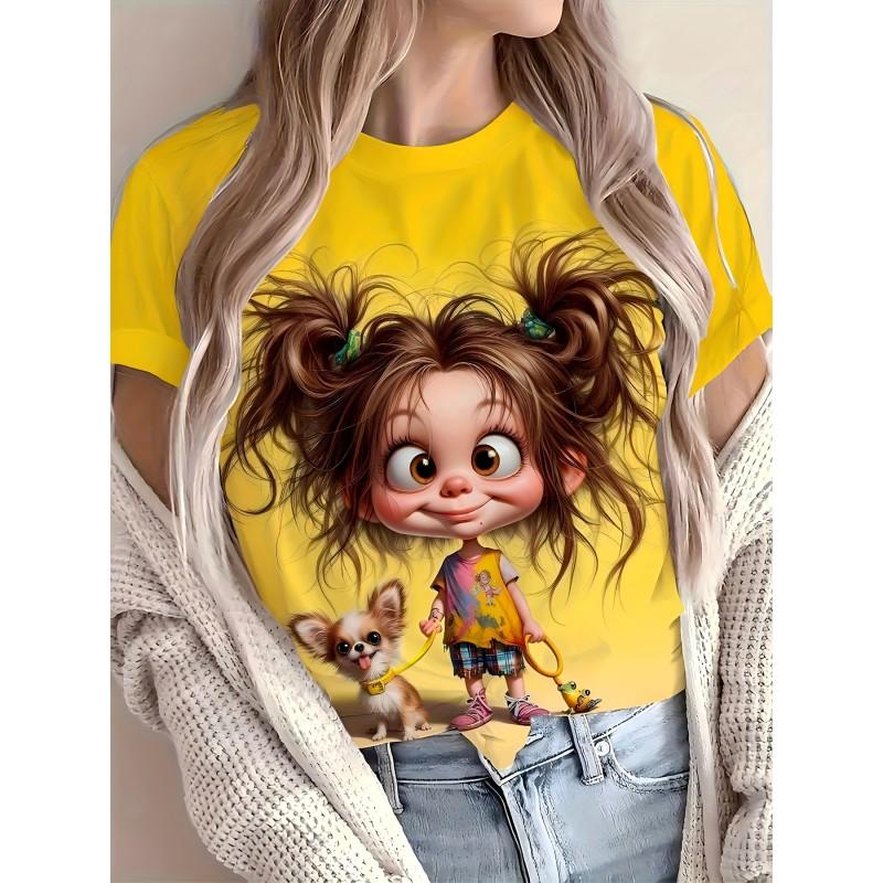 Casual Loose Fit Round Neck Short Sleeve T-Shirt With 3D Dog Print Women Men 2025