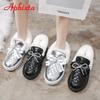 Fashion APHIXTA Plush Warm Silver Winter Snow Women Boots Shoes Platform Flat Heel Bling Crystals Bow Waterproof Fur Round Head Shoes