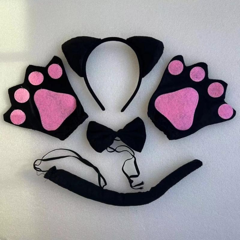Cats Costume Set Includes Cats Tail Headband Bowtie Glove Skirt Halloween Catgirl Dress up Outfit for Kid Women Cosplay