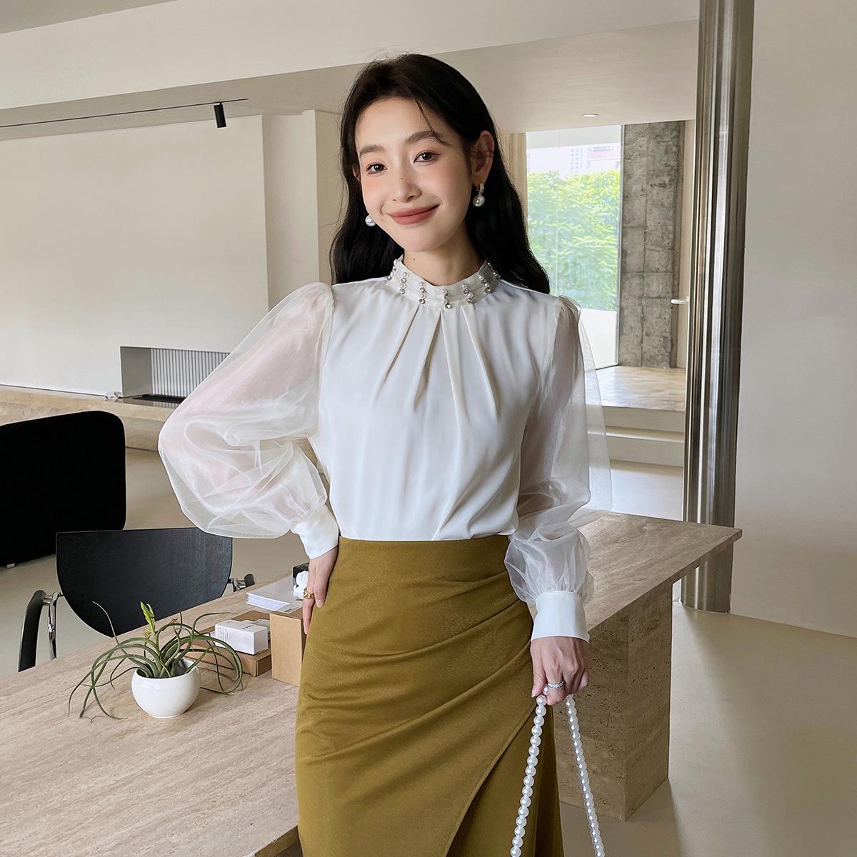 

Kibum 2025 Spring Korean Style Mesh Patchwork Women s Blouse Small белый
