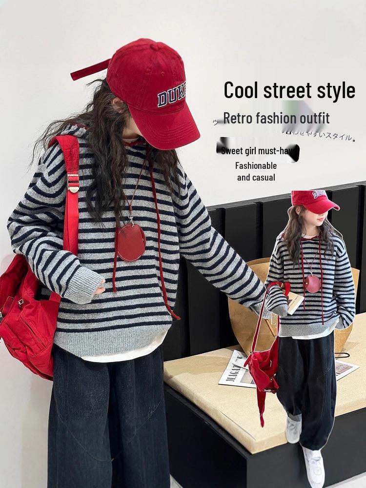 2025 Kinder Strickpullover mit Streifen und Kapuze - Trendiger koreanischer Stil für Jungen & Mädchen, Herbst/Winter