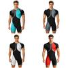 Men‘s Metallic Trim Color Block Swim Jumpsuit Short Sleeve Thigh Length Bodysuit with Back Hidden Zipper for Swimming Training