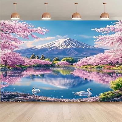 2D Flat Background Cloth - Fuji Mountain Cherry Blossom Landscape Pattern 1-Piece Set Photography Background Banner