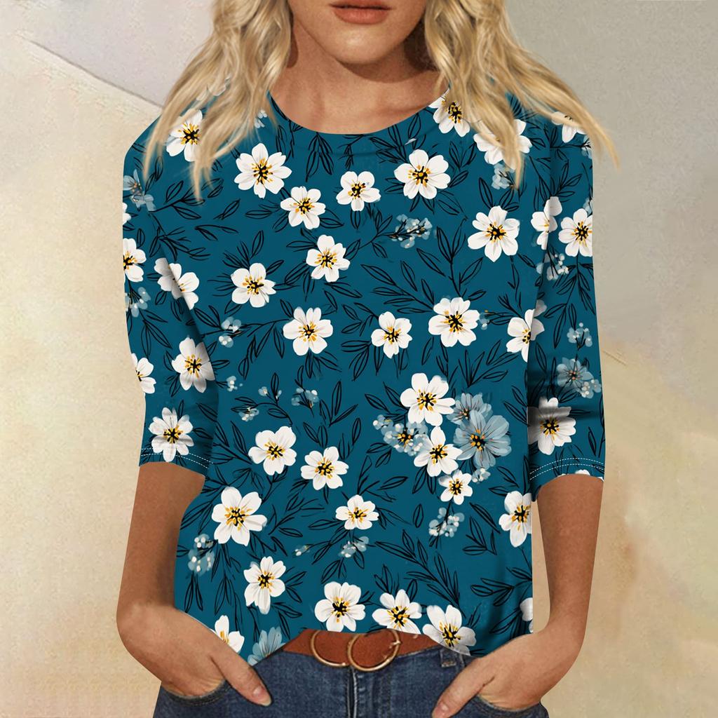 Women's Casual Round Neck Three Quarter Sleeve T Shirt Autumn Print Lightweight Soft Fabric Comfortable Fit Relaxed Style