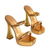 Elegant Gold Double Strap Chunky Heel Sandals - Waterproof Square Toe High Heel for Summer Wear