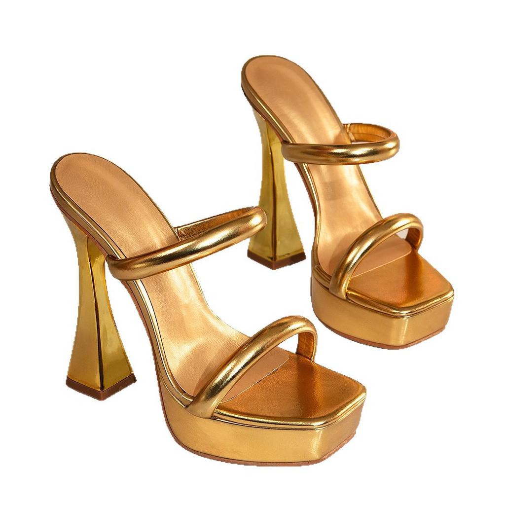Elegant Gold Double Strap Chunky Heel Sandals - Waterproof Square Toe High Heel for Summer Wear