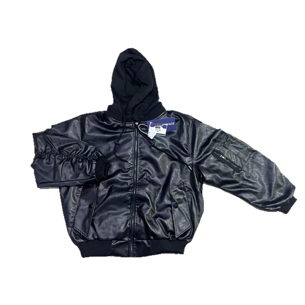 MaxDstr Unisex Tungviktig PU-läder Bomberjacka med Huva