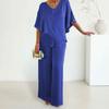 2 Pcs/Set Women Top Pants Suit V Neck Bat Sleeve Irregular Hem Pure