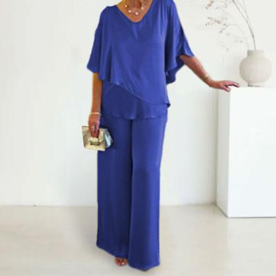 2 Τμχ/Σετ Γυναικείο Κοστούμι Μπλούζα Παντελόνι V Λαιμός Μανίκι Νυχτερίδα Ασύμμετρο Τελείωμα Μονό