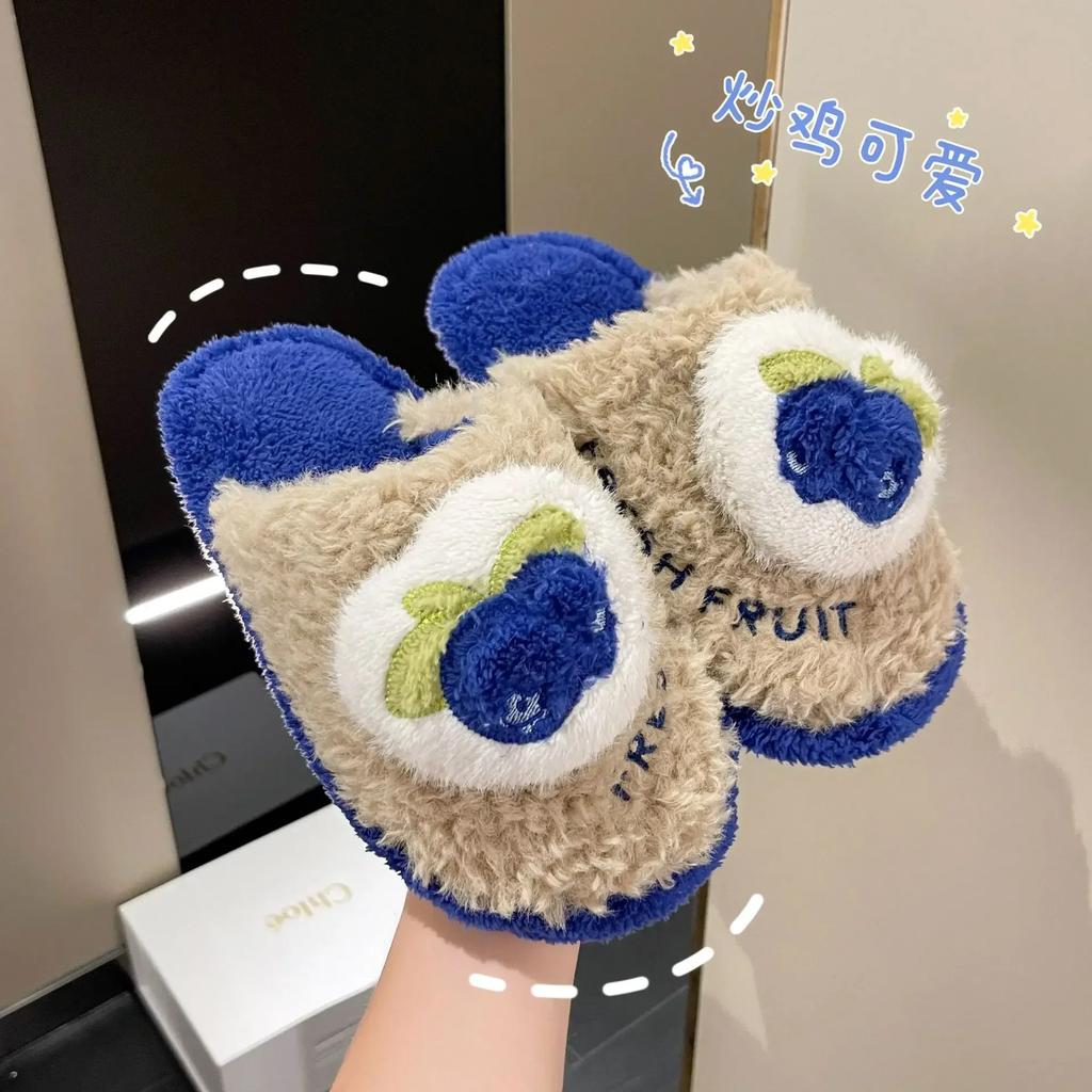 Fashion Winter Women Shoes Cute Cartoon Casual Home Shoe Fruit Furry Thick Warm Plush Footwear Flat Casual House Comfortable Slipper