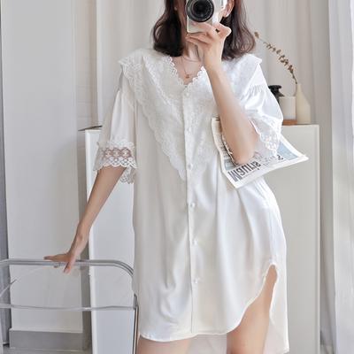 Ice Silk Nightgown Female Boyfriend Style Shirt Dress Lace Sexy Summer Thin Mid-length Spring and Autumn Silk Pajamas