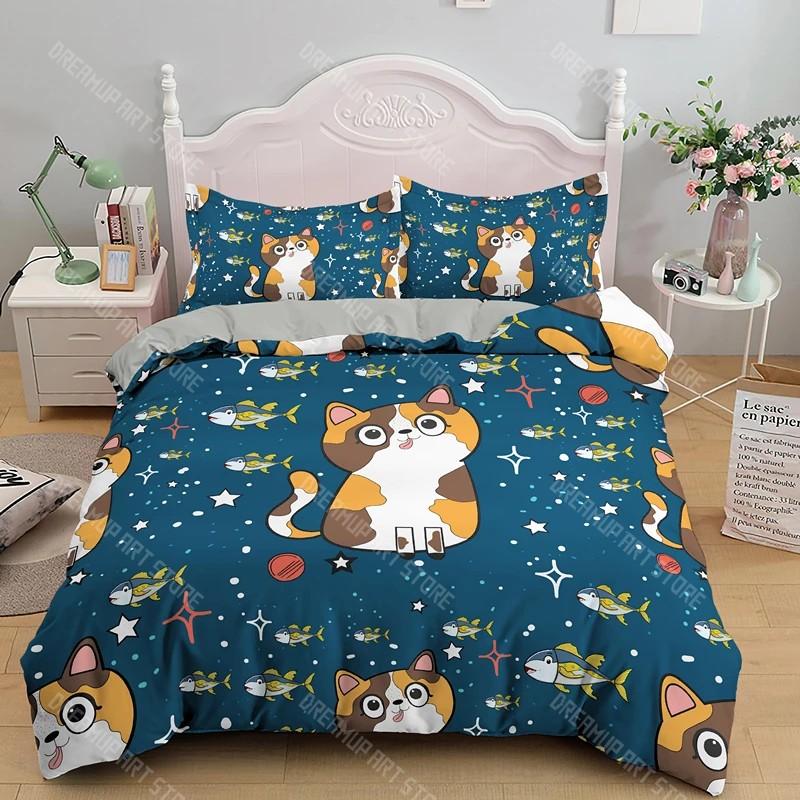 Boys Girls Animal Theme Cute Kitten Pattern 2_3pcs 3D Kids Cats Bedding Set Twin Size Green Cartoon Cats Bedding Set for Kids