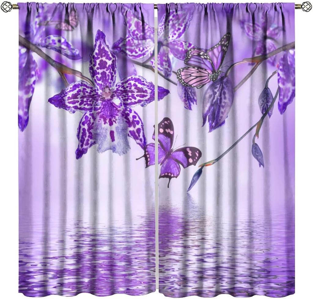 Blue Flower Butterfly Curtains Girls Boy Home Decor Spring Plant Daisy Floral Pattern Drapes Window Curtain With Rod Pocket Polyester