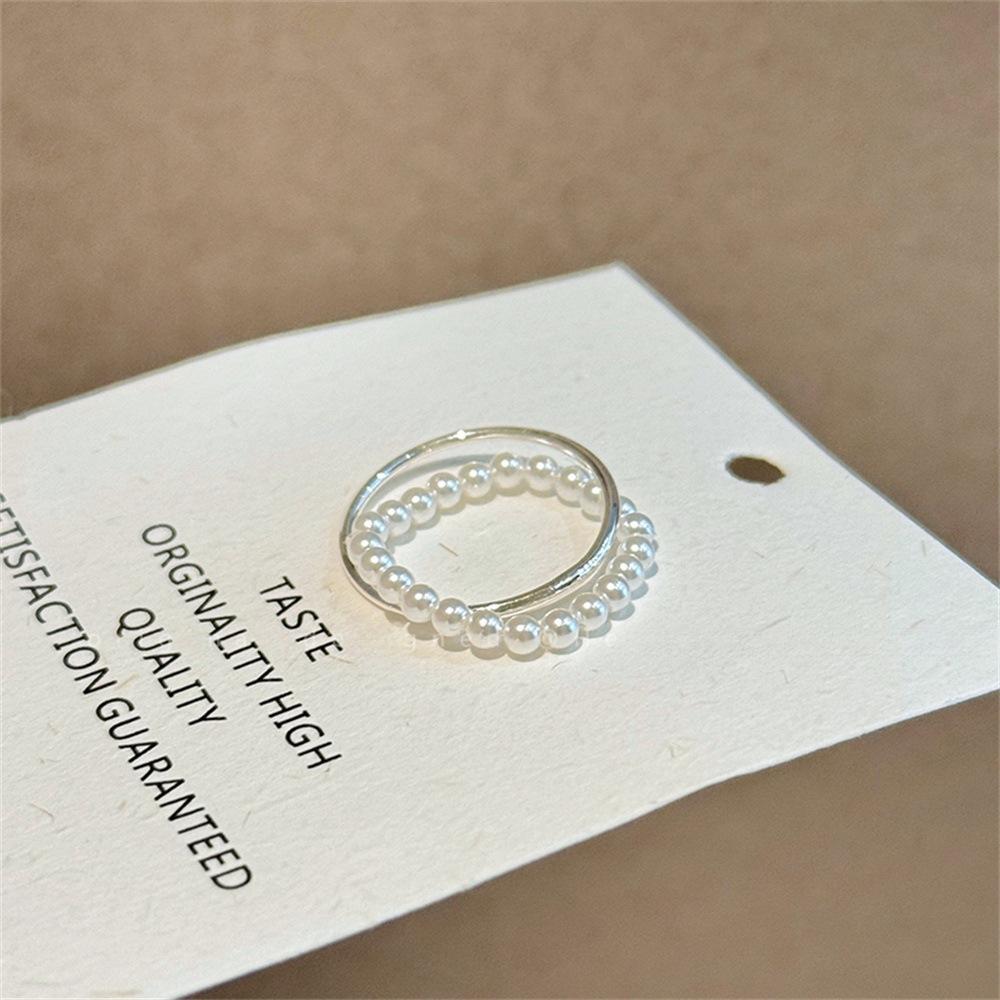 Korean Silver Color Pearl Bowknot Rings for Women Minimalist Elastic Bead Ring Wedding Aesthetic Jewelry