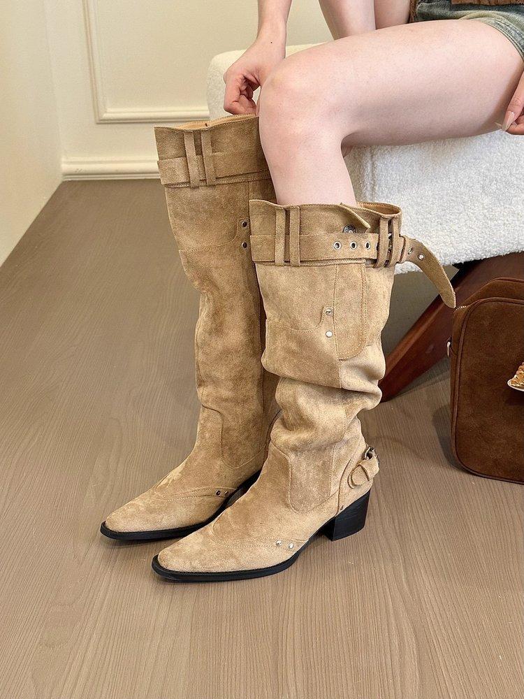 

Но детские ботфорты 2025 осень и зима хаки замшевые остроносые сапоги детские толстый каблук тонкие плиссированные сапоги-чулки 39 хаки