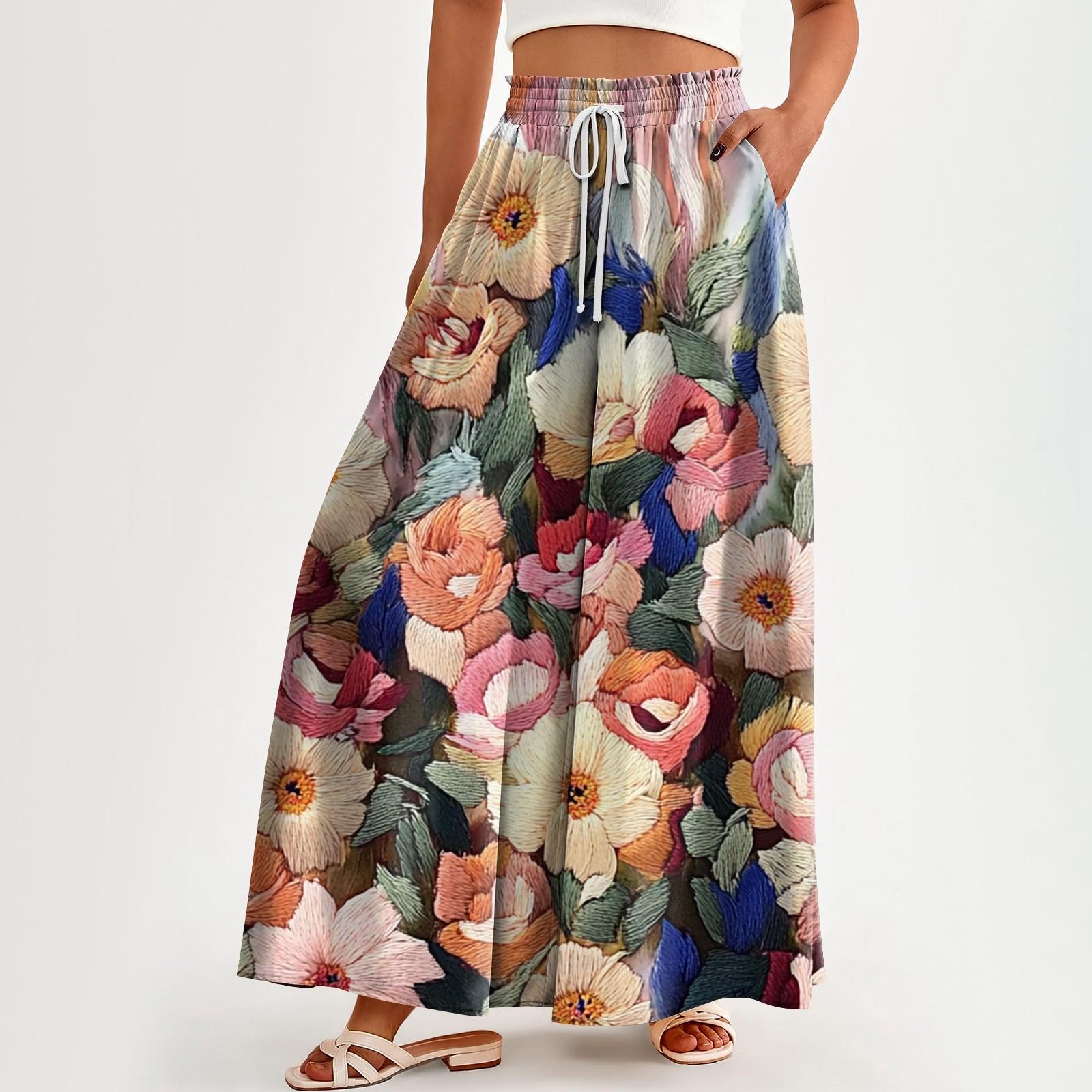 

Женские брюки с высокой талией и карманами, повседневные брюки с цветочным принтом XXL красный