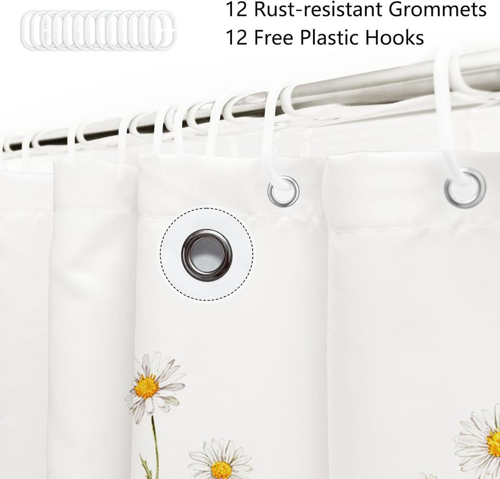 White Daisy Pattern Shower Curtain With Country Style Flower Design Bathroom Shower Curtain With 12 Hooks, Size 180 X 180Cm