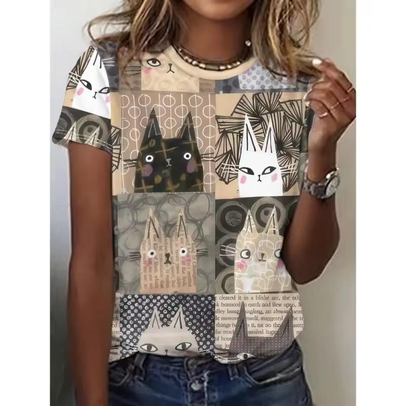 Women's summer hot T-shirt casual elegant fashionable abstract black cat 3D printed women's round neck short sleeved top