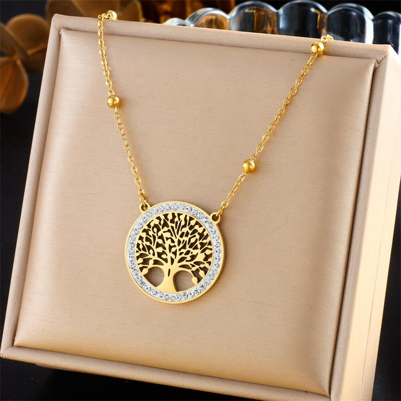 Trendy Minimalist Round Hollow Tree of Life Pendant Earring Necklace Set