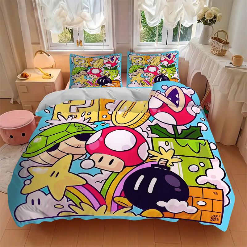 3pcs bedding set Mario Adventure Includes 1 Comforter + 2 Pillowcases, Without Pillow Inserts, Soft Comfortable, Lightweight Breathable, Pri