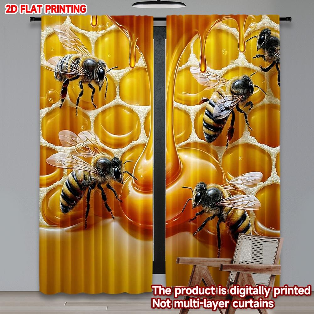 Bienenwaben-Vorhänge Realistische Bienen Goldener tropfender Honig Küchen-Wohnzimmer-Dekor Set von 2 Hergestellt Polyester