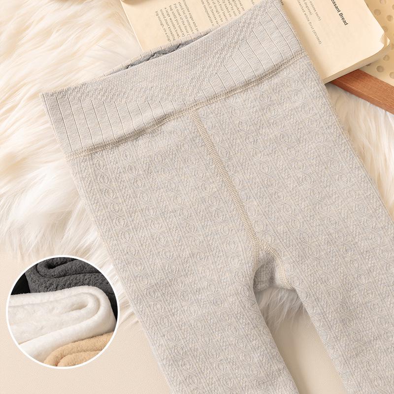 Girls' Autumn/Winter Thickened Velvet-Lined Cable Knit Leggings with Waist Protection