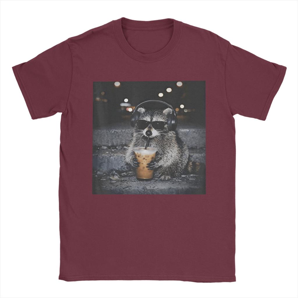 Raccoon Drinking Iced Coffee Funny Animal Meme TShirt Summer Pure Cotton TShirts For Unisex Fashion Design Tshirt Short Sleeve