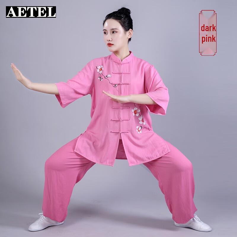 AETEL Women's Loose Fit Cotton Linen Short Sleeve Tai Chi Uniform Set