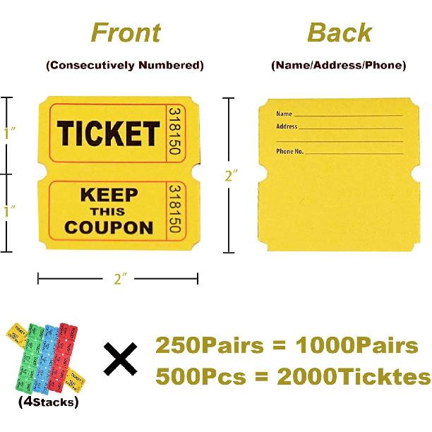 2000 Pcs 1000 Pairs Raffle Tickets, 50/50 Double Raffle Tickets, 250 Double Tickets Per Stack, for Events, Entry, Carnivals, and Door Prizes