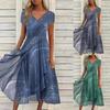 Vestito lungo casual da donna, estivo, a maniche corte, con scollo a V e vita retratta, stampato