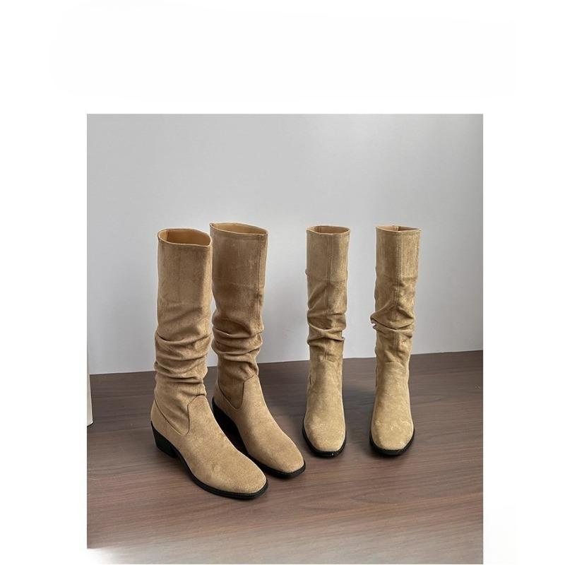 Neue Damen Herbst- und Winterschuhe mit dickem Absatz, High-Top Retro Schlankmachende Plissierte Stiefel