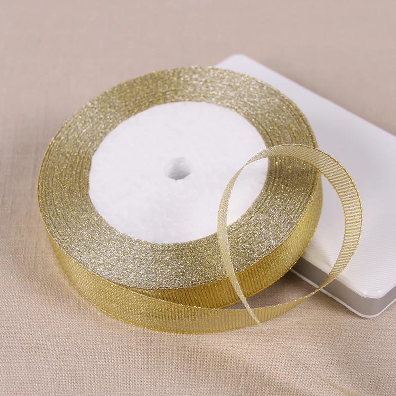 6mm 10mm 15mm 20mm 25mm 40mm 50mm 25 Jardów Złote Srebrne Brokatowe Wstążki Owijanie Prezentów Ślubnych Boże Narodzenie Halloween Impreza DIY Rękodzieło