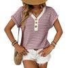 Summer Women's Spliced Knit V-Neck Button Short Sleeve Pullover Top for Leisure