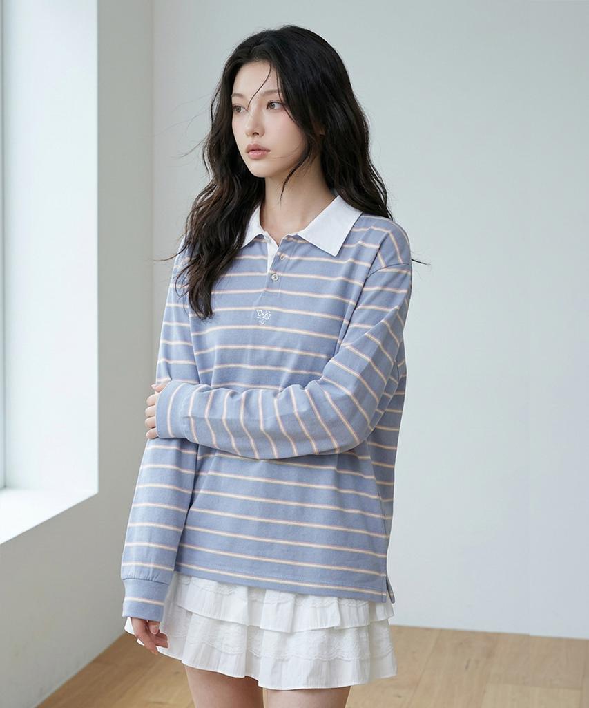 THE GREEN LAB Pinstripe Rugby T-Shirt [Light Blue]