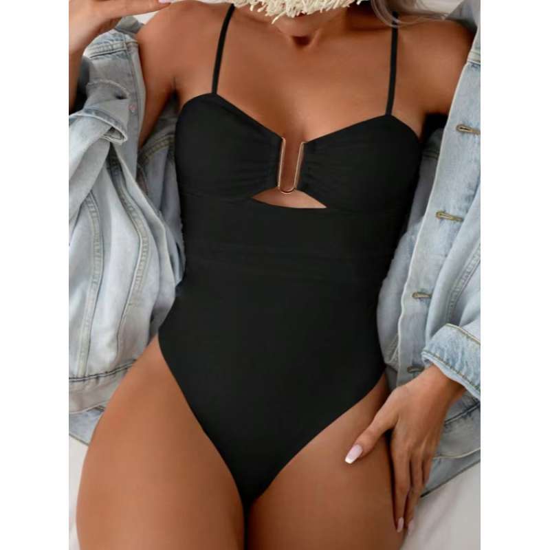 European and American Sexy Hollow One-piece Swimsuit Female Hottie Style Backless Thin Shoulder Straps Cover Belly and Look Thin Vacation Swimsuit