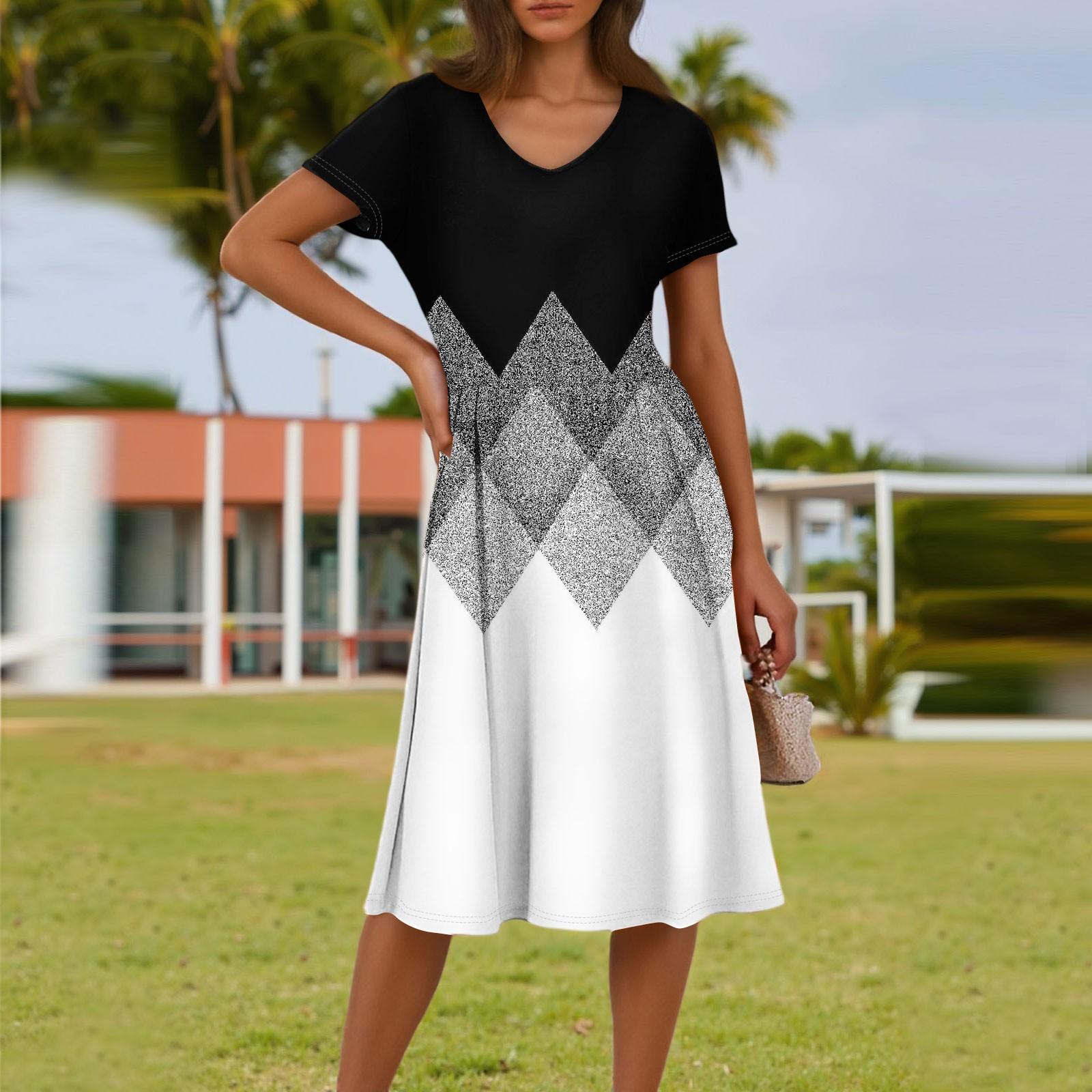 

Ladies Summer Fashion Casual Floral Print V-Neck Short Sleeve Pocket Dress S білий