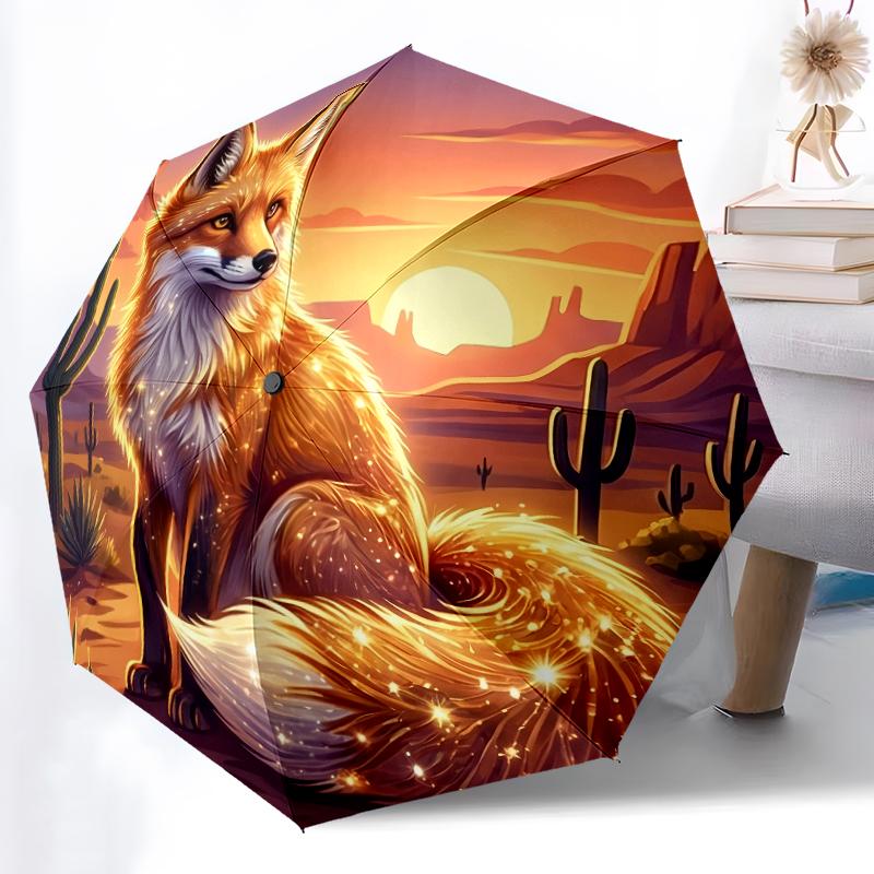 

1pc Sturdy 8-Bone Auto Umbrella, Ancient Azure Fox Spirit Umbrella, Digital Printed, Foldable Umbrella for On-the-Go Outdoor Use