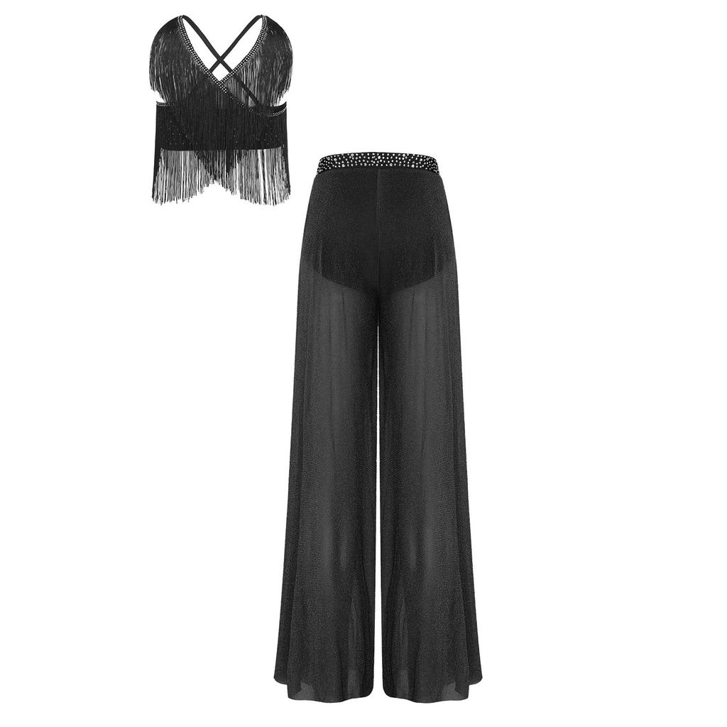 S-XXL Women Lyrical Dance Crop Top V Neck Sleeveless Back Crossing Fringe with Mesh Wide Leg Pants Built-in Briefs for Modern Dance Performance