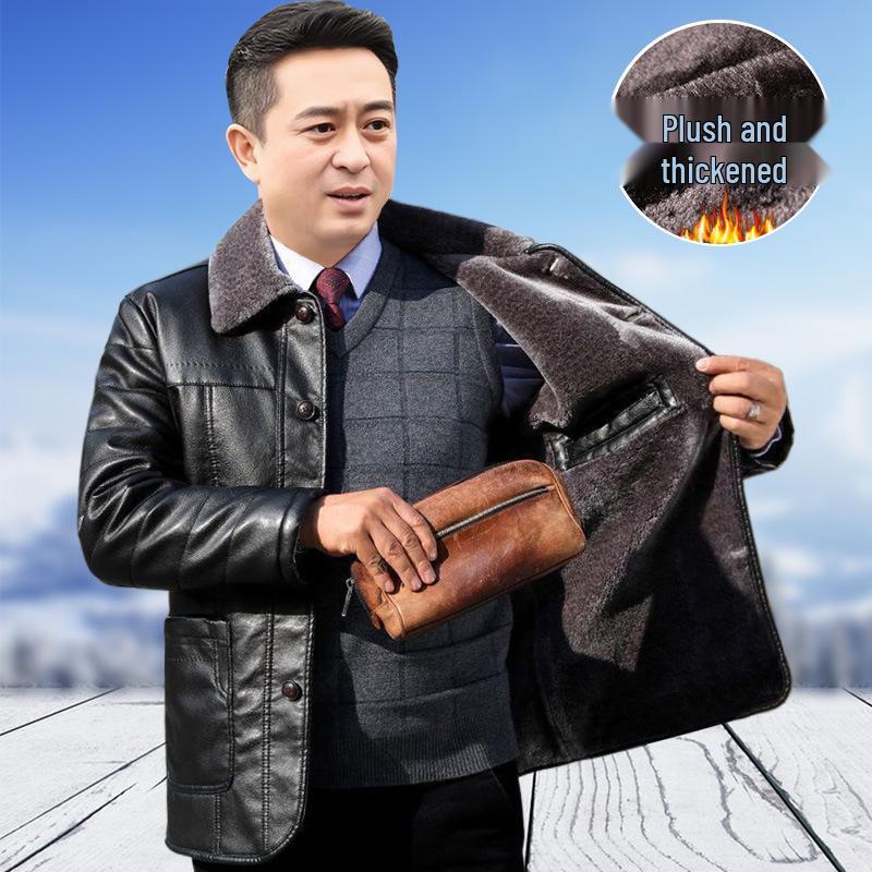 50-Year-Old Dad's Plus Velvet Thickened Leather Jacket for Middle-Aged & Elderly Men - Winter Cotton Padded Grandpa Jacket