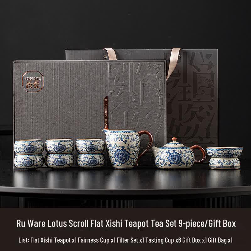 Ru Kiln Ceramic Tea Set with Intertwined Lotus Xishi Pot