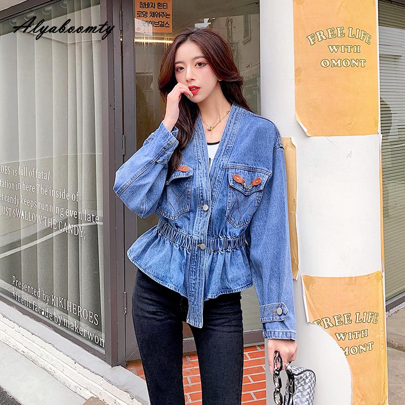 

Женская джинсовая верхняя одежда в корейском стиле, синяя, с V-образным вырезом, повседневная, свободного кроя, базовая, женское пальто, стильная женская куртка оверсайз для уличной моды ONE SIZE синий