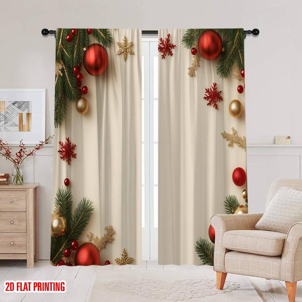 2pcs,2D Plane Printing Curtains Christmas Balls Pine Snowflakes (3) Polyester Woven (without Rod) Decorations Outdoor Perfect