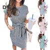 Women's Striped Short Sleeve T-Shirt Dress Casual Tie Waist Midi Dress with Pockets Summer Crewneck Loose Sundress